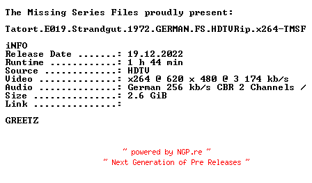 NFO for the release Tatort.E019.Strandgut.1972.GERMAN.FS.HDTVRip.x264.iNTERNAL-TMSF by TMSF