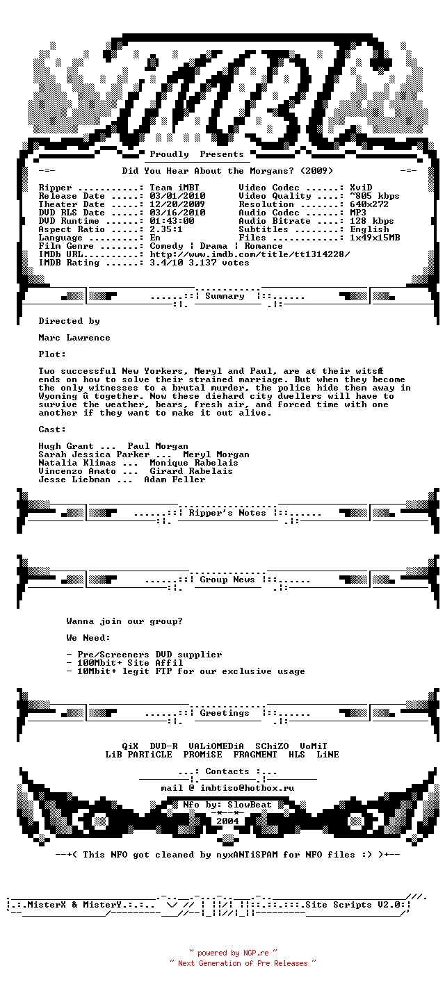 NFO for the release Did.You.Hear.About.The.Morgans.2009.BDRiP.XviD-iMBT by iMBT