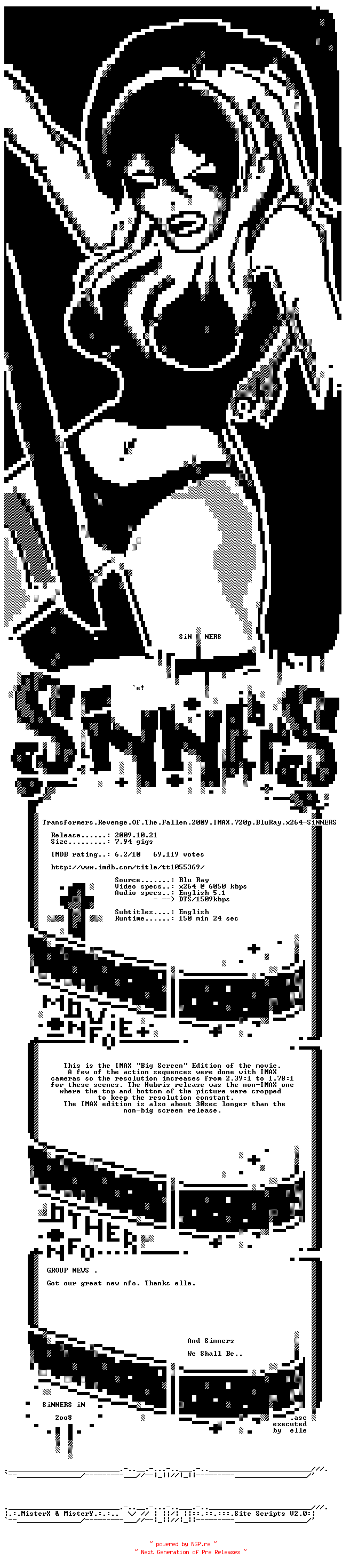 NFO for the release Transformers.Revenge.Of.The.Fallen.2009.IMAX.720p.BluRay.x264-SiNNERS by SiNNERS