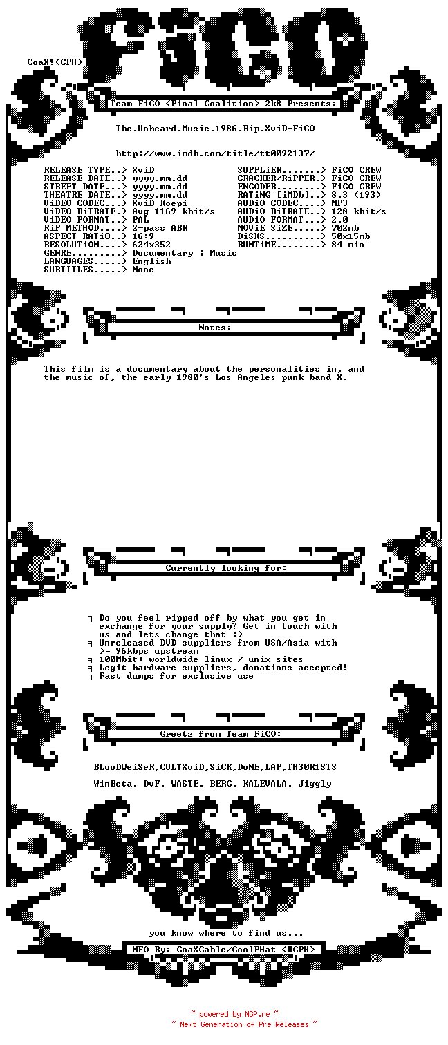NFO for the release The.Unheard.Music.1986.BDRip.XviD-FiCO by FiCO