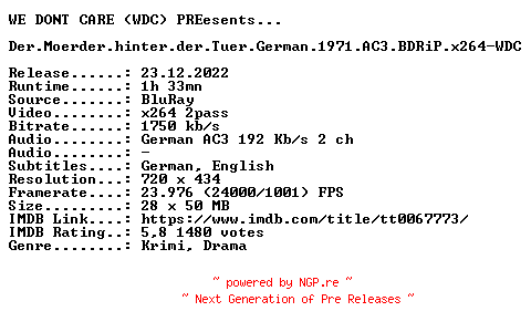 NFO for the release Der.Moerder.hinter.der.Tuer.German.1971.AC3.BDRiP.x264-WDC by WDC
