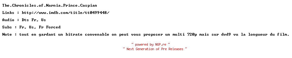 NFO for the release The.Chronicles.of.Narnia.Prince.Caspian.MULTi.720p.BluRay.x264-ForceBleue by ForceBleue