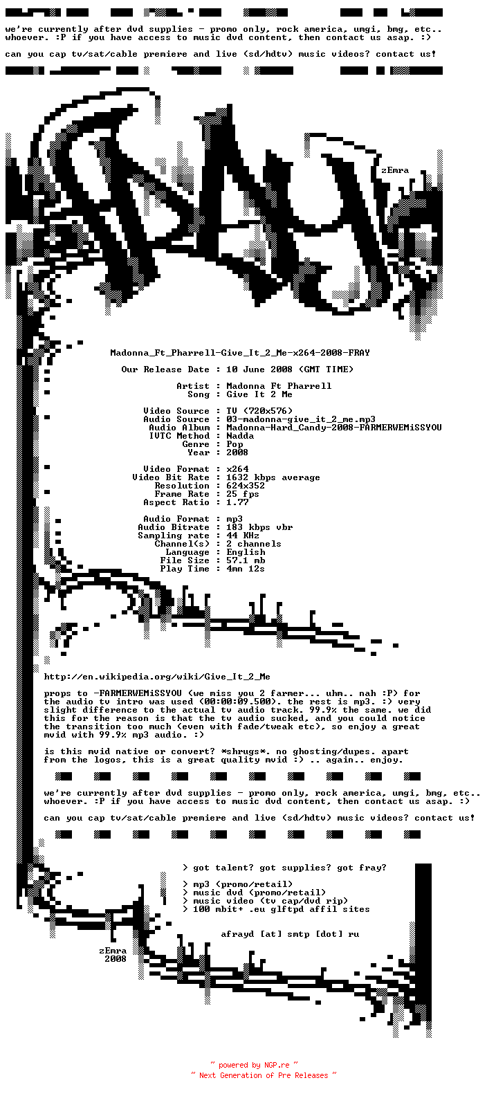 NFO for the release Madonna_Ft_Pharrell-Give_It_2_Me-x264-2008-FRAY by FRAY