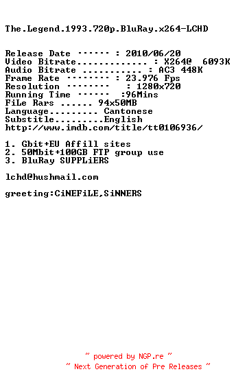 NFO for the release The.Legend.1993.720p.BluRay.x264-LCHD by LCHD