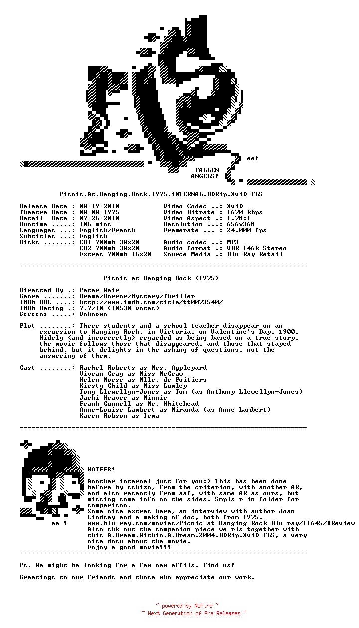 NFO for the release Picnic.At.Hanging.Rock.1975.iNTERNAL.BDRip.XviD-FLS by FLS