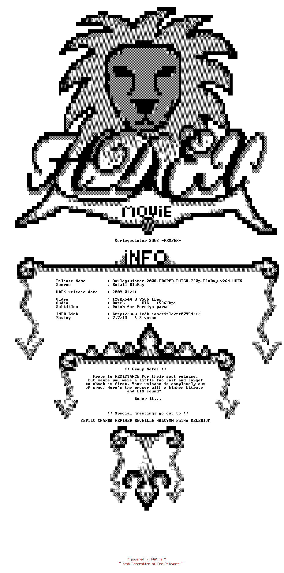 NFO for the release Oorlogswinter.2008.PROPER.DUTCH.720p.BluRay.x264-HDEX by HDEX