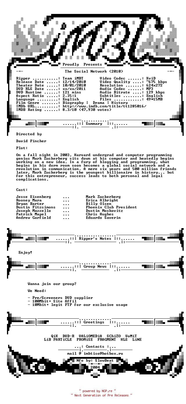 NFO for the release The.Social.Network.2010.BDRip.XviD-iMBT by iMBT