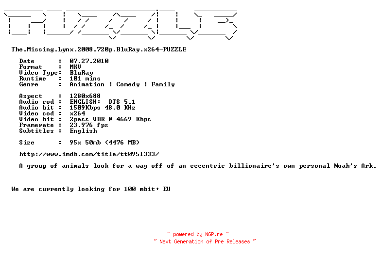 NFO for the release The.Missing.Lynx.2008.720p.BluRay.x264-PUZZLE by PUZZLE