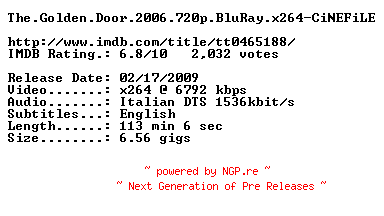 NFO for the release The.Golden.Door.2006.720p.BluRay.x264-CiNEFiLE by CiNEFiLE