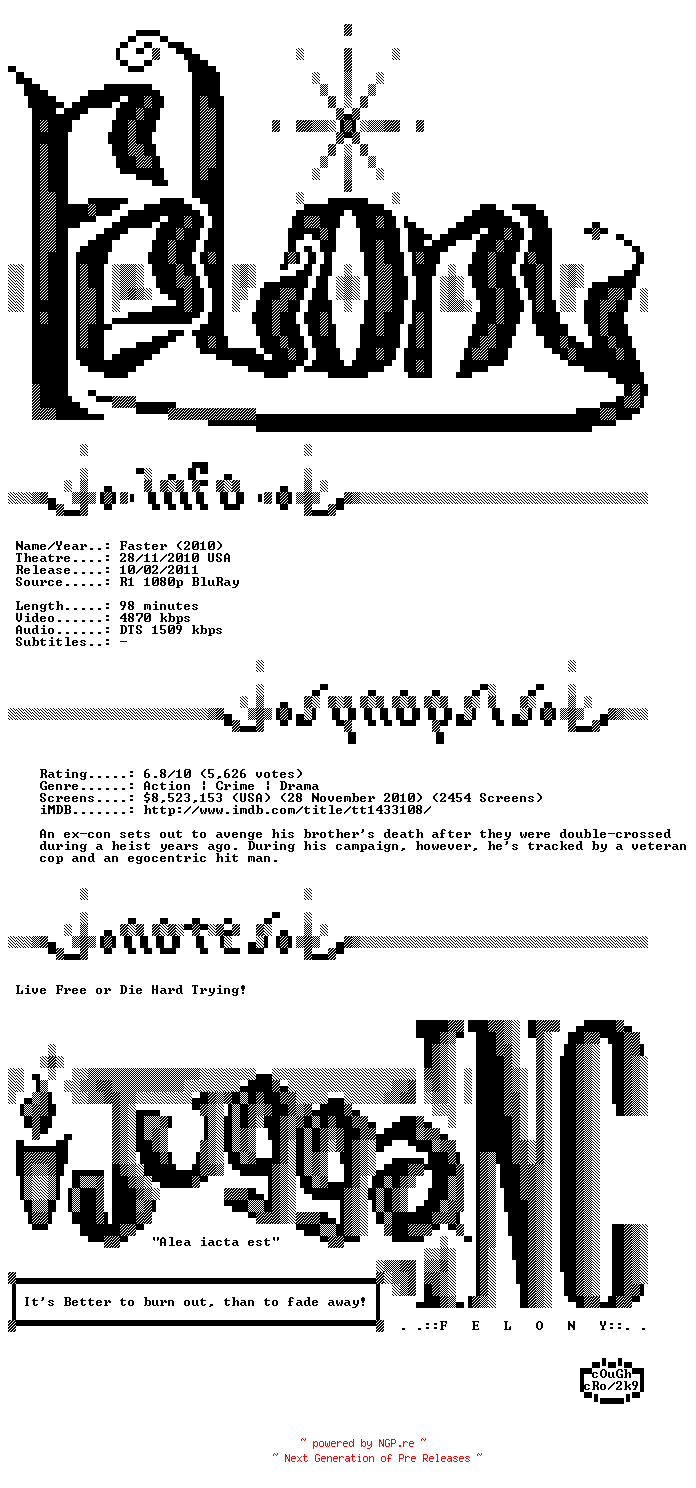 NFO for the release Faster.2010.720p.BluRay.x264-Felony by Felony