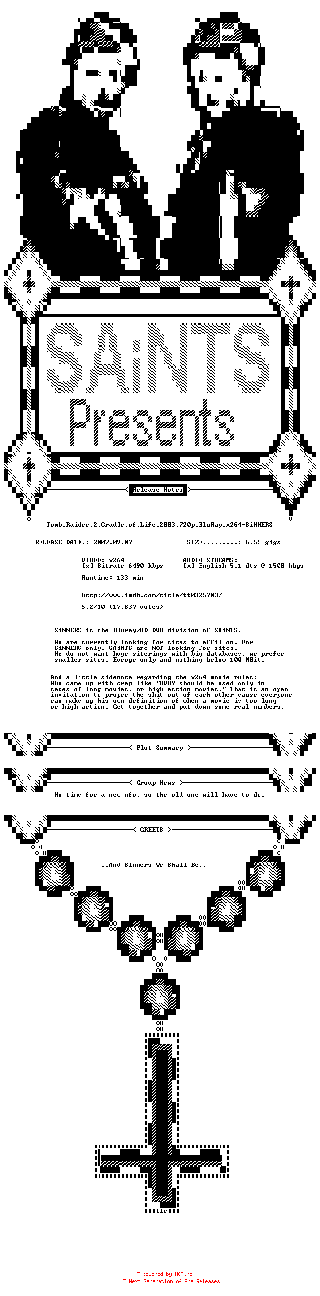 NFO for the release Tomb.Raider.2.Cradle.of.Life.2003.720p.BluRay.x264-SiNNERS by SiNNERS