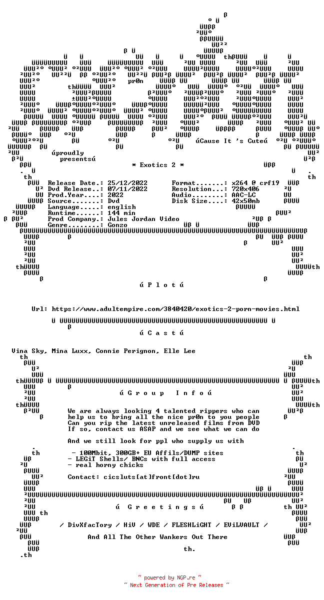 NFO for the release Exotics.2.XXX.DVDRip.x264-CiCXXX by CiCXXX