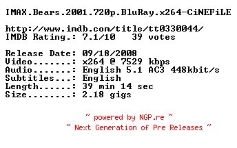 NFO for the release IMAX.Bears.2001.720p.BluRay.x264-CiNEFiLE by CiNEFiLE