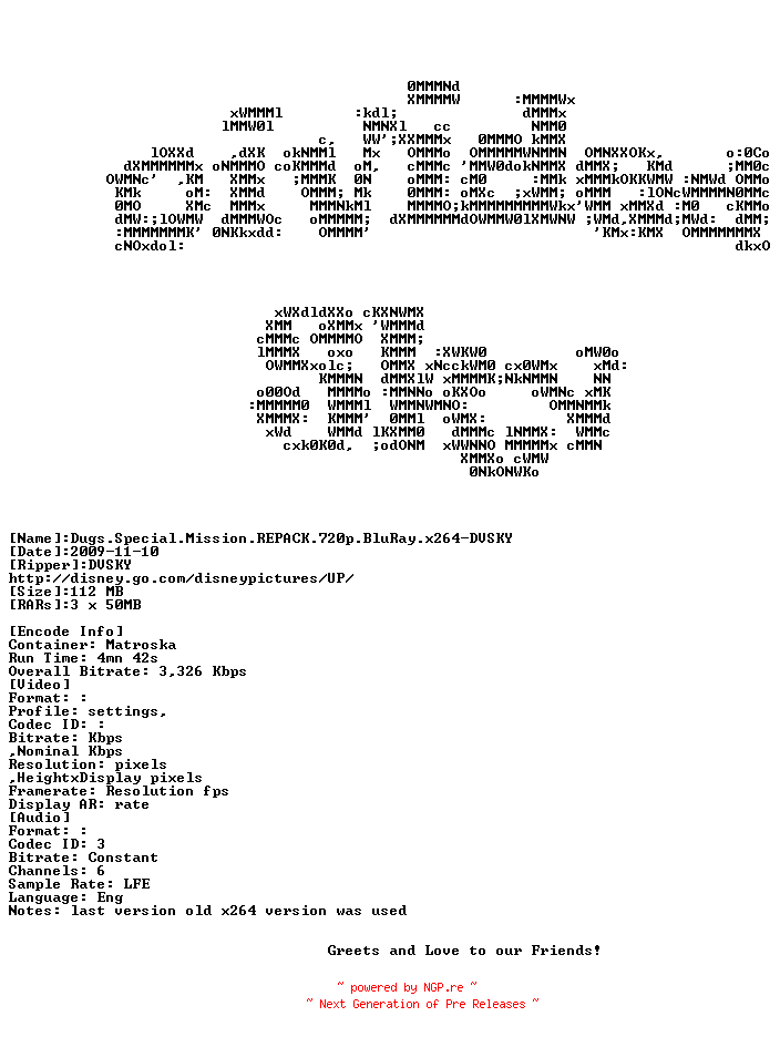 NFO for the release Dugs.Special.Mission.REPACK.720p.BluRay.x264-DVSKY by DVSKY