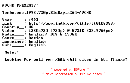 NFO for the release Tombstone.1993.720p.BluRay.x264-AVCHD by AVCHD