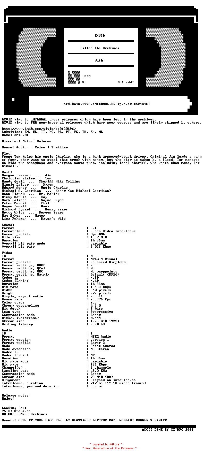 NFO for the release Hard.Rain.1998.iNTERNAL.BDRip.XviD-EXViDiNT by EXViDiNT