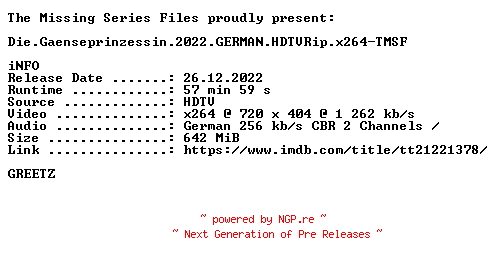 NFO for the release Die.Gaenseprinzessin.2022.GERMAN.HDTVRip.x264-TMSF by TMSF
