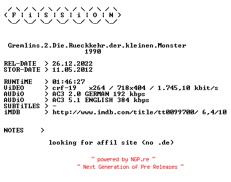 NFO for the release Gremlins.2.Die.Rueckkehr.der.kleinen.Monster.German.1990.DL.BDRiP.x264.iNTERNAL-FiSSiON by FiSSiON