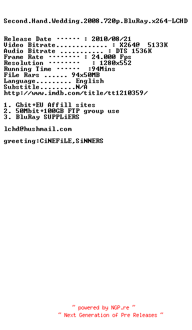 NFO for the release Second.Hand.Wedding.2008.720p.BluRay.x264-LCHD by LCHD