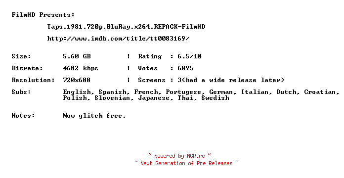 NFO for the release Taps.1981.720p.BluRay.x264.REPACK-FilmHD by FilmHD