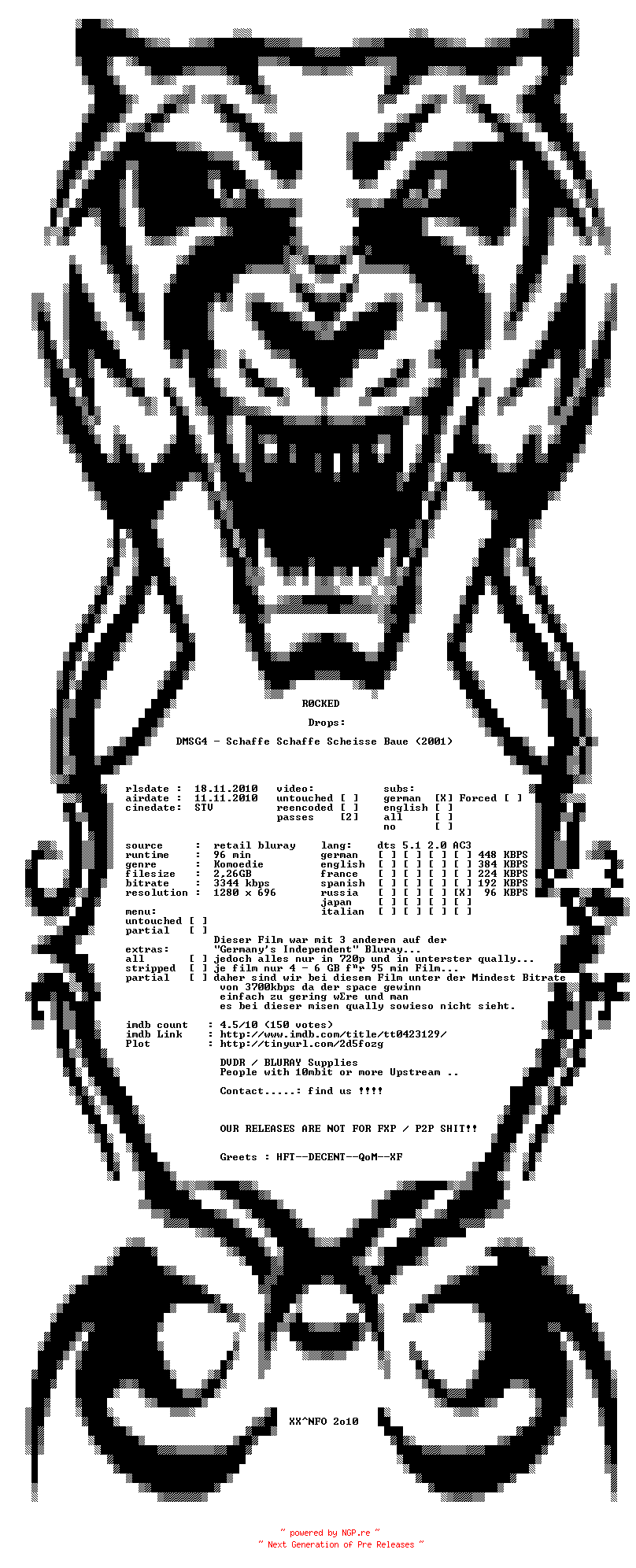 NFO for the release DMSG4.Schaffe.Schaffe.Scheisse.Baue.2001.German.720p.BluRay.READ.NFO.x264-R0CKED by R0CKED