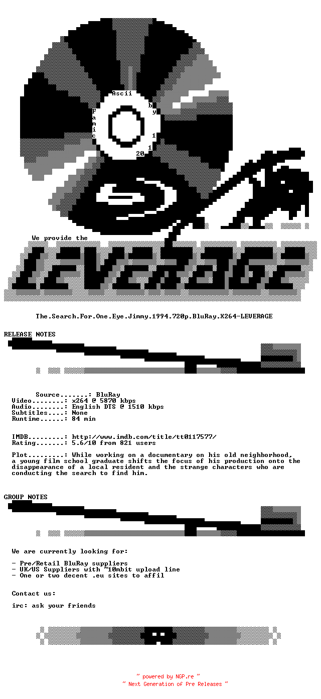 NFO for the release The.Search.For.One.Eye.Jimmy.1994.720p.BluRay.X264-LEVERAGE by LEVERAGE