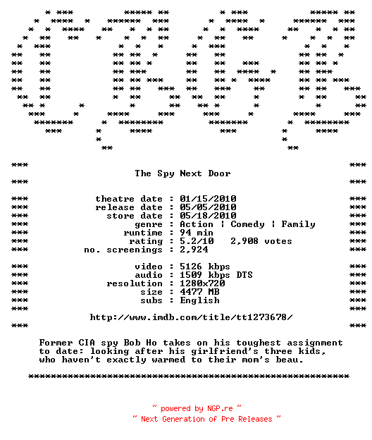 NFO for the release The.Spy.Next.Door.720p.Bluray.x264-CBGB by CBGB