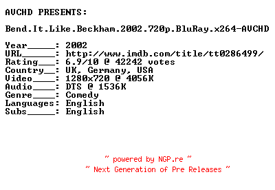 NFO for the release Bend.It.Like.Beckham.2002.720p.BluRay.x264-AVCHD by AVCHD
