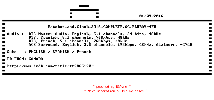 NFO for the release Ratchet.and.Clank.2016.COMPLETE.QC.BLURAY-4FR by 4FR