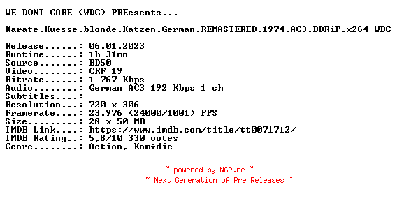 NFO for the release Karate.Kuesse.blonde.Katzen.German.REMASTERED.1974.AC3.BDRiP.x264-WDC by WDC