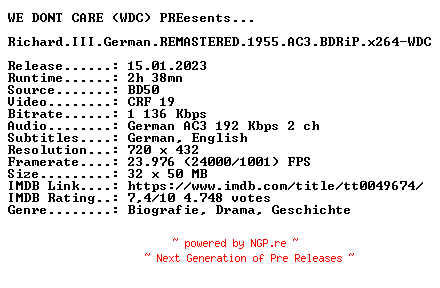NFO for the release Richard.III.German.REMASTERED.1955.AC3.BDRiP.x264-WDC by WDC