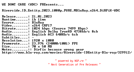 NFO for the release Riverside.ID.Entity.2023.1080p.PURE.MBluRay.x264.DiRFiX-WDC by WDC