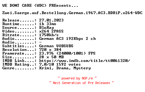 NFO for the release Zwei.Saerge.auf.Bestellung.German.1967.AC3.BDRiP.x264-WDC by WDC