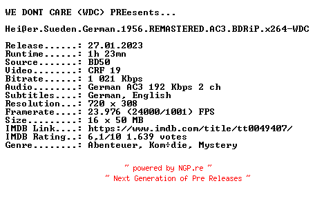 NFO for the release Heisser.Sueden.German.1956.REMASTERED.AC3.BDRiP.x264-WDC by WDC