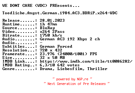 NFO for the release Toedliche.Angst.German.1984.AC3.BDRiP.x264-WDC by WDC