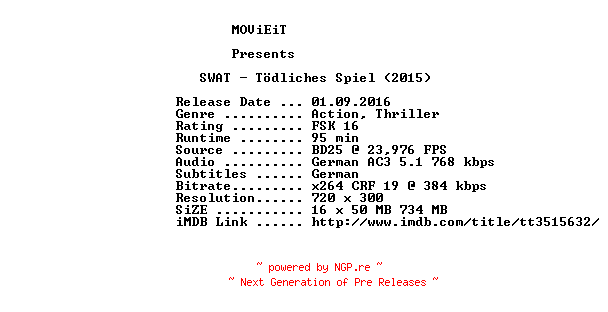 NFO for the release SWAT.Toedliches.Spiel.German.2015.AC3.BDRip.x264-MOViEiT by MOViEiT