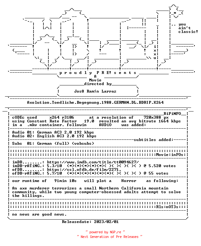 NFO for the release Axolution.Toedliche.Begegnung.1988.GERMAN.DL.BDRIP.X264-WATCHABLE by WATCHABLE