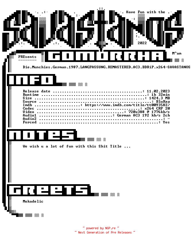 NFO for the release Die.Munchies.German.1987.LANGFASSUNG.REMASTERED.AC3.BDRiP.x264-SAVASTANOS by SAVASTANOS