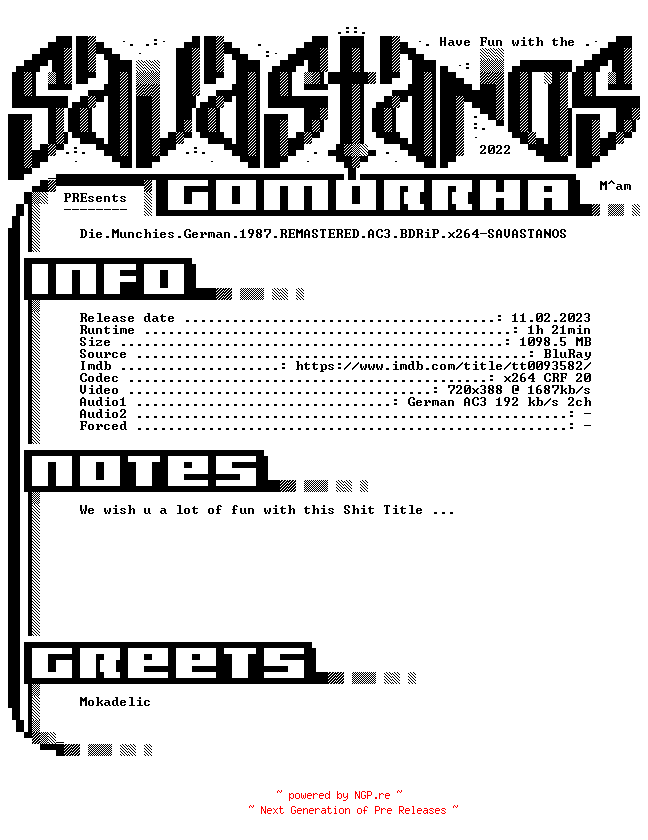 NFO for the release Die.Munchies.German.1987.REMASTERED.AC3.BDRiP.x264-SAVASTANOS by SAVASTANOS