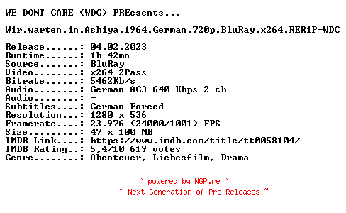 NFO for the release Wir.warten.in.Ashiya.1964.German.720p.BluRay.x264.RERiP-WDC by WDC