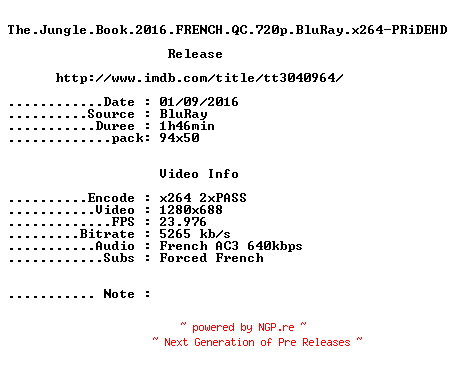 NFO for the release The.Jungle.Book.2016.FRENCH.QC.720p.BluRay.x264-PRiDEHD by PRiDEHD