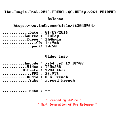 NFO for the release The.Jungle.Book.2016.FRENCH.QC.BDRip.x264-PRiDEHD by PRiDEHD