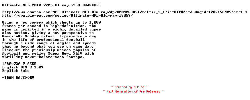 NFO for the release Ultimate.NFL.2010.720p.BluRay.x264-BAJSKORV by BAJSKORV