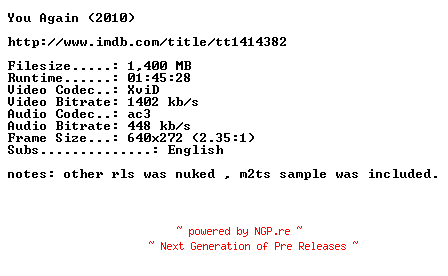 NFO for the release You.Again.PROPER.BDRip.XviD-840105 by 840105