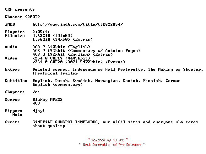 NFO for the release Shooter.2007.720p.BluRay.x264.iNTERNAL-CRF by CRF