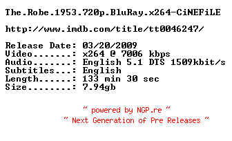 NFO for the release The.Robe.1953.720p.BluRay.x264-CiNEFiLE by CiNEFiLE