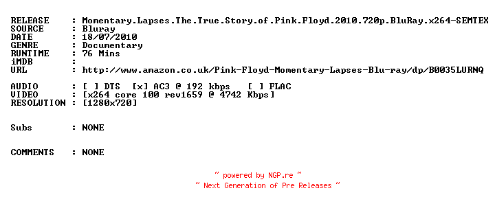 NFO for the release Momentary.Lapses.The.True.Story.of.Pink.Floyd.2010.720p.BluRay.x264-SEMTEX by SEMTEX