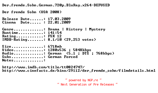 NFO for the release Der.fremde.Sohn.German.720p.BluRay.x264-DEFUSED by DEFUSED