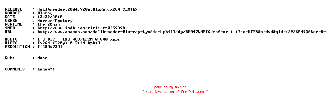 NFO for the release Hellbreeder.2004.720p.BluRay.x264-SEMTEX by SEMTEX
