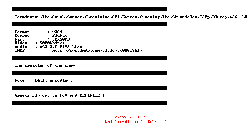 NFO for the release Terminator.The.Sarah.Connor.Chronicles.S01.Extras.Creating.The.Chronicles.720p.Bluray.x264-hV by hV